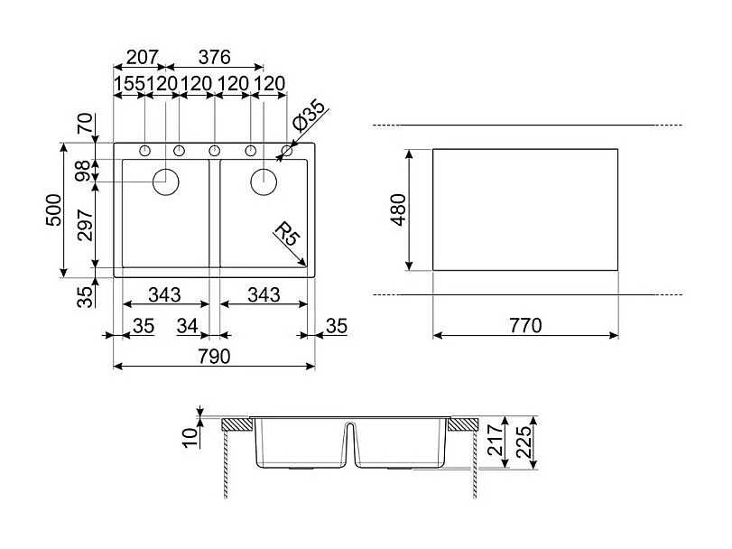 Lavello incasso 2 vasche 79x50 Smeg VZ3434P panna