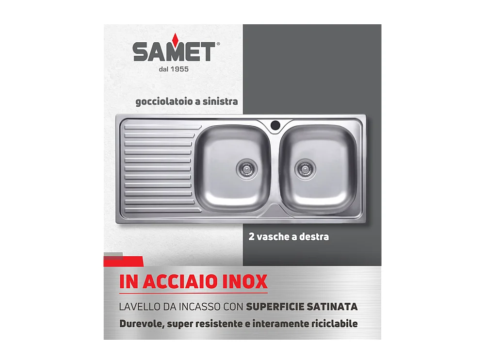 Lavello incasso acciaio inox 116x50 cm doppia vasca e gocciolatoio sinistro SA138