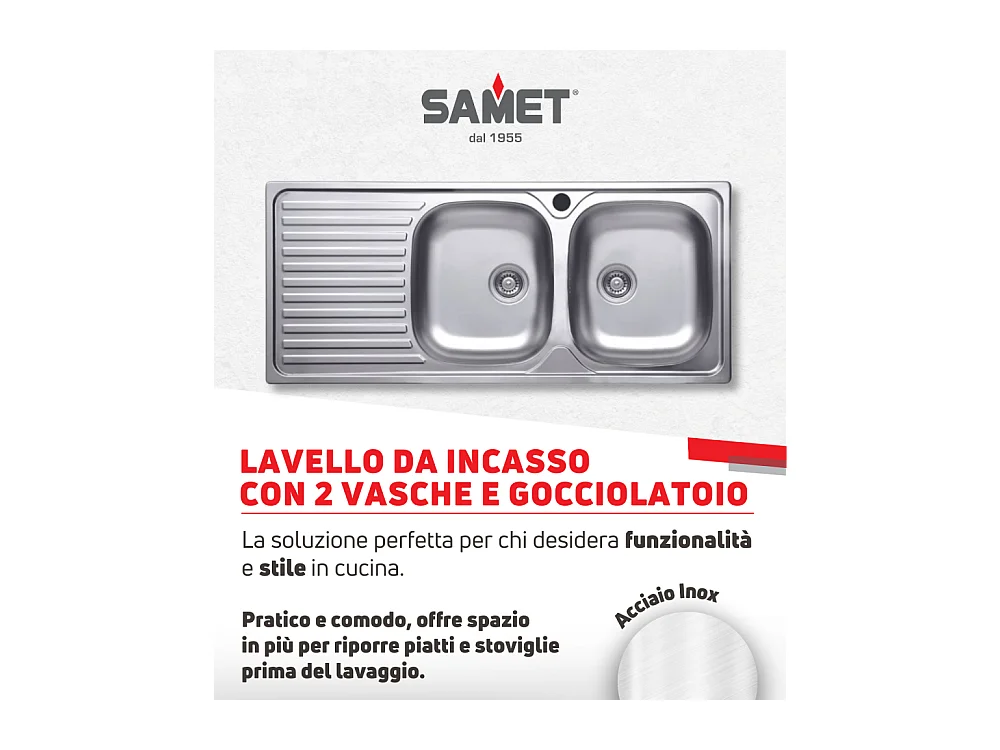 Lavello incasso acciaio inox 116x50 cm doppia vasca e gocciolatoio sinistro SA138