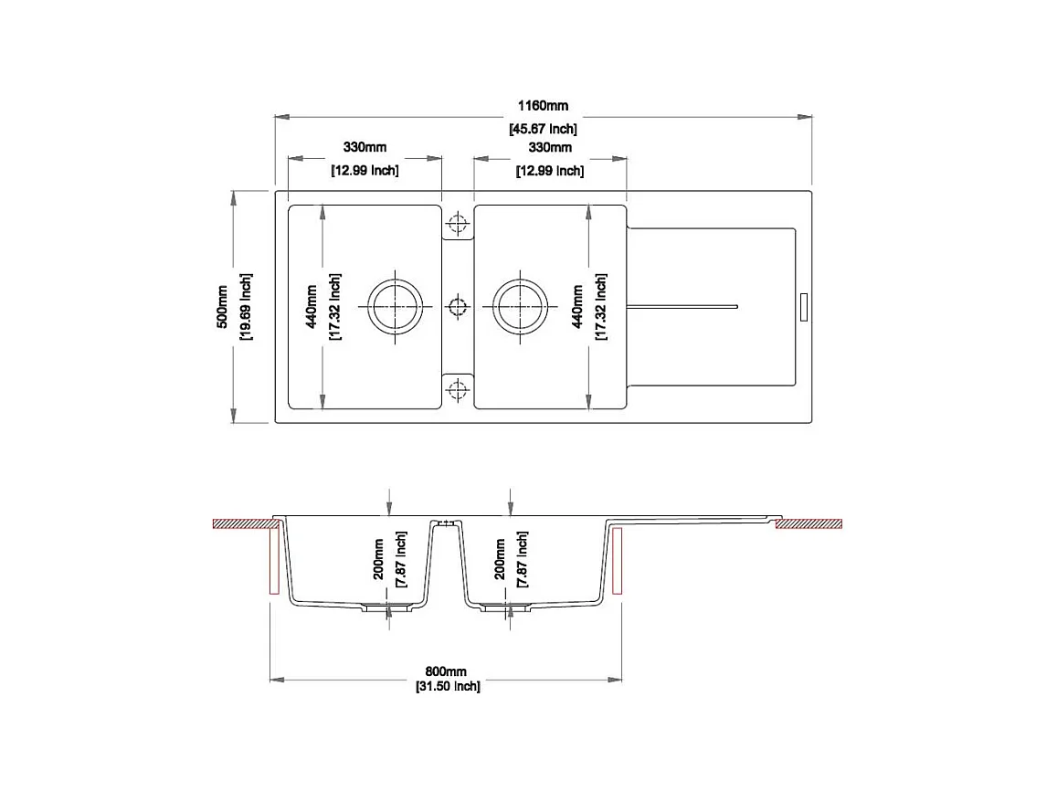 Lavello 2 vasche e gocciolatoio nero Enigma D200