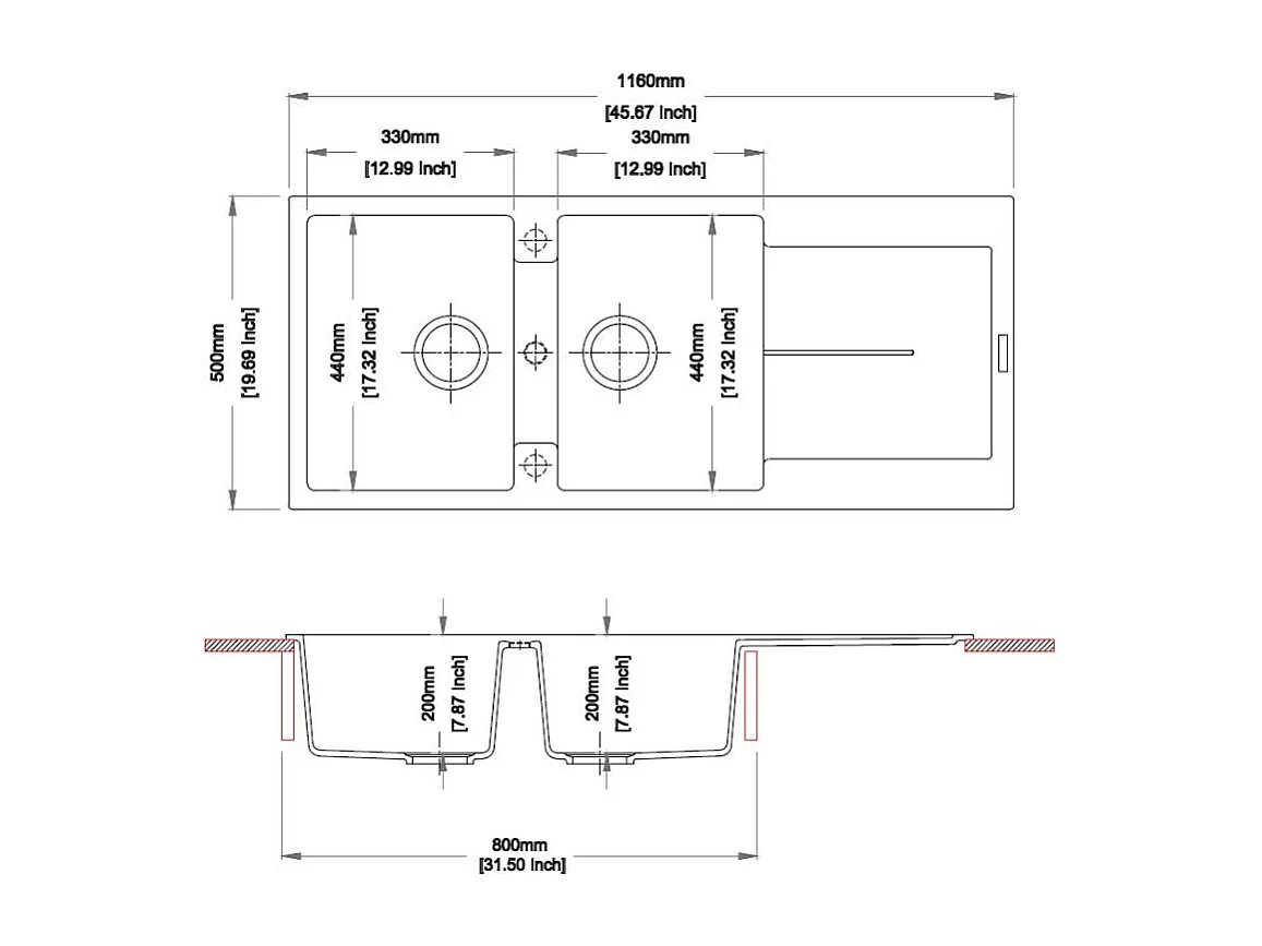 Lavello 2 vasche e gocciolatoio nero Enigma D200