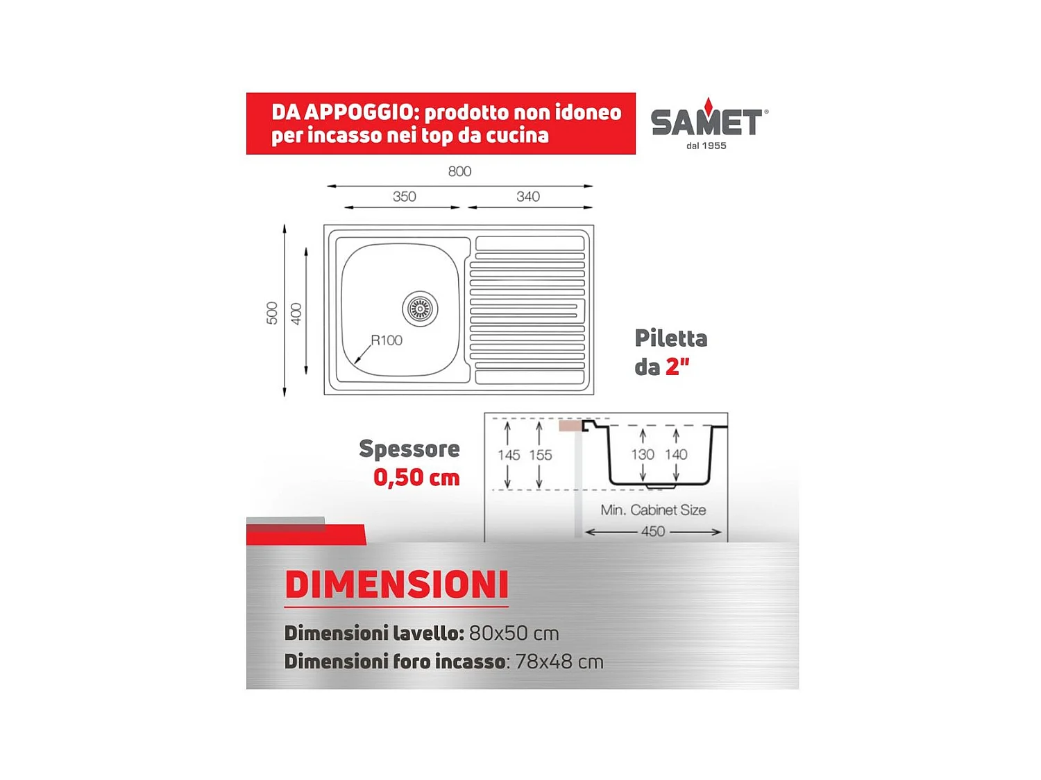 Lavello appoggio acciaio inox 80x50 cm una vasca e gocciolatoio sinistro SA216