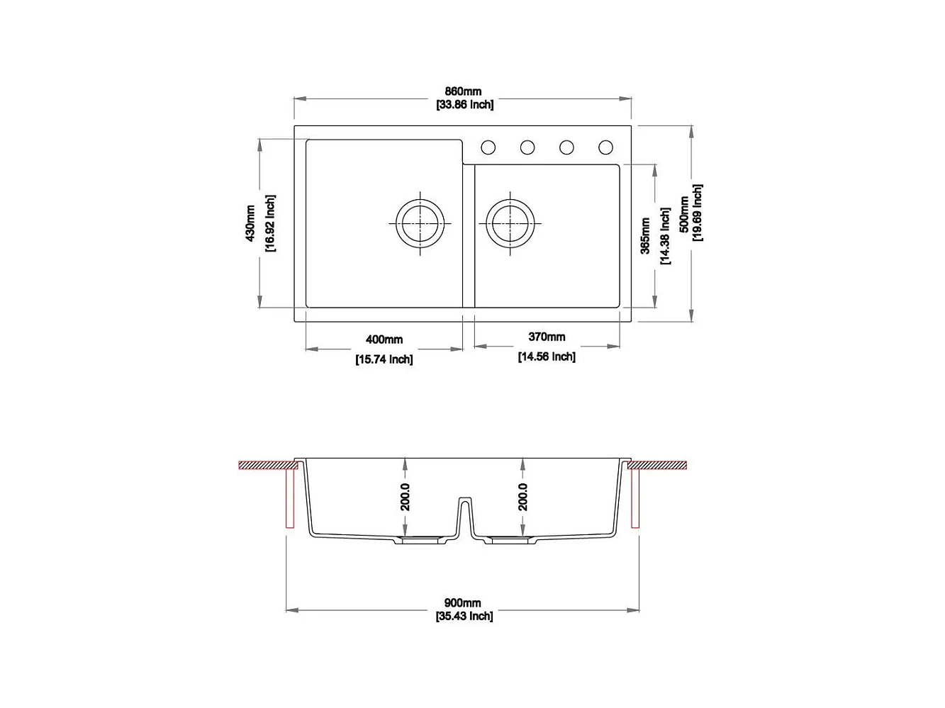 Lavello cucina 2 vasche bianco 86x50 TipToe N200