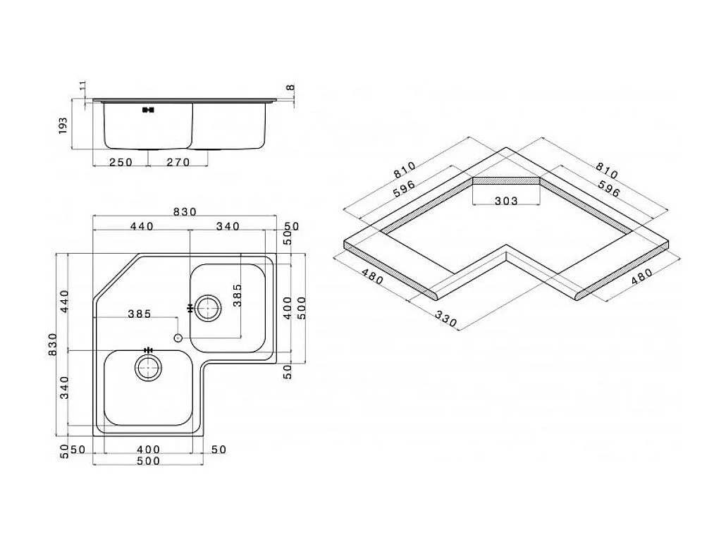 Lavello angolare da incasso ROAN2IBC 2 vasche e gocciolatoio 83x83 cm. inox