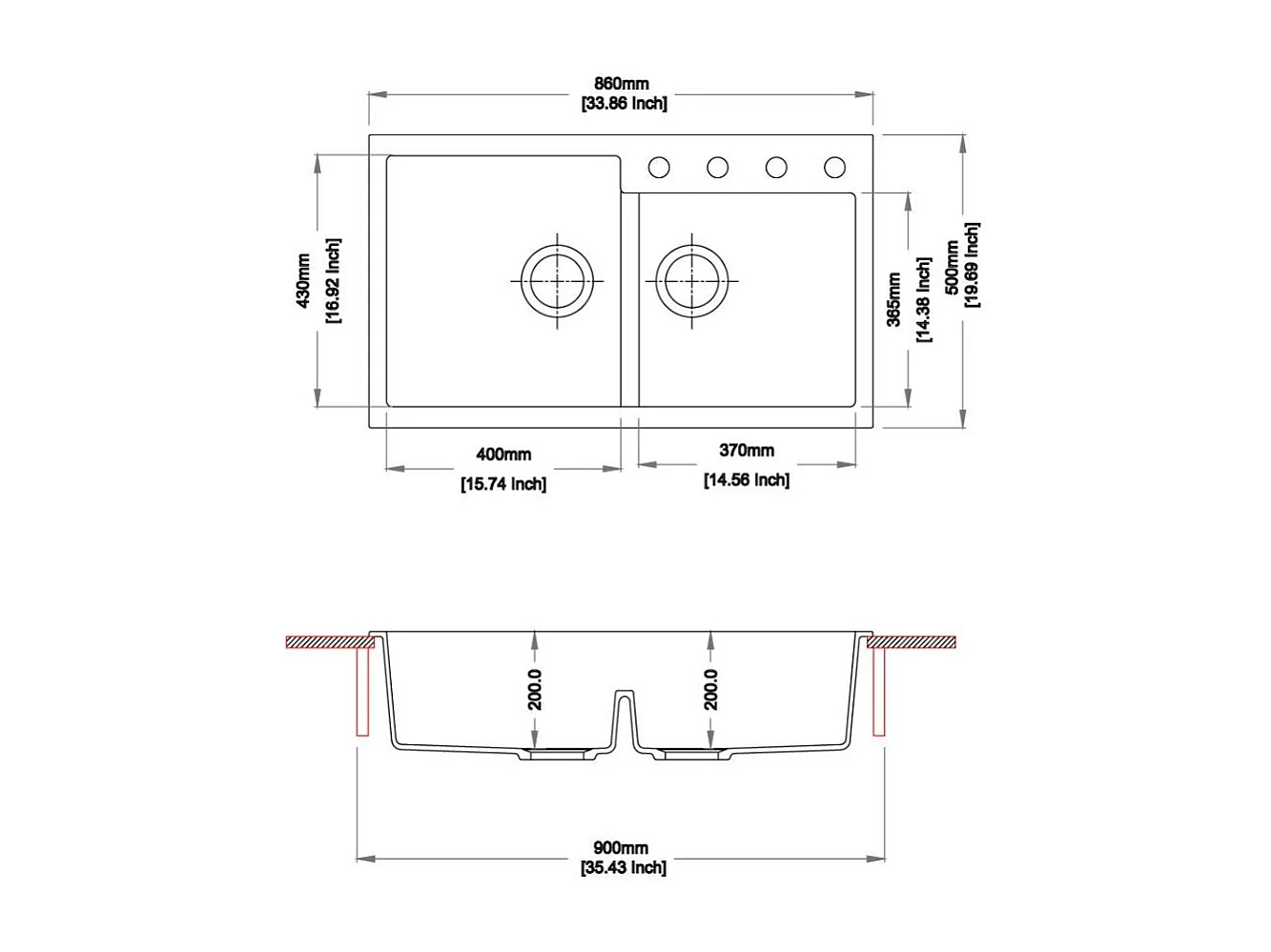 Lavello 2 vasche croma TIPTOE N200