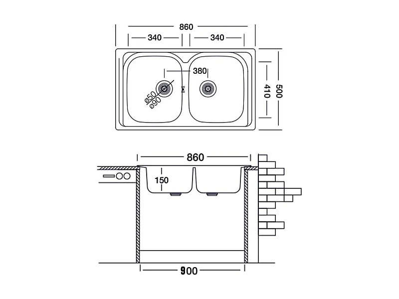 Lavello incasso cucina acciaio 86x50 cm due vasche SA322