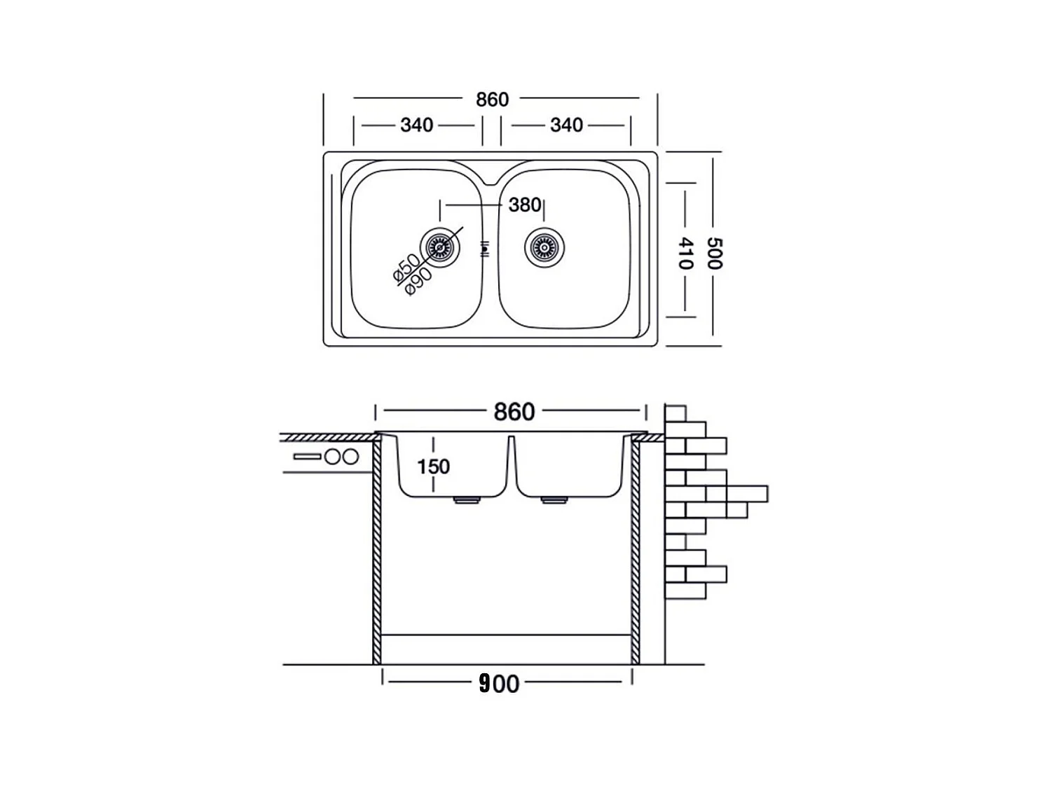 Lavello incasso cucina acciaio 86x50 cm due vasche SA322
