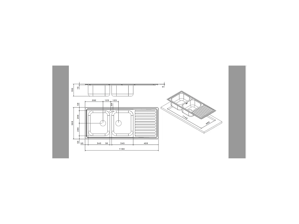 Lavello cucina acciaio 116x50 cm doppia vasca e gocciolatoio sinistro SAXT333A