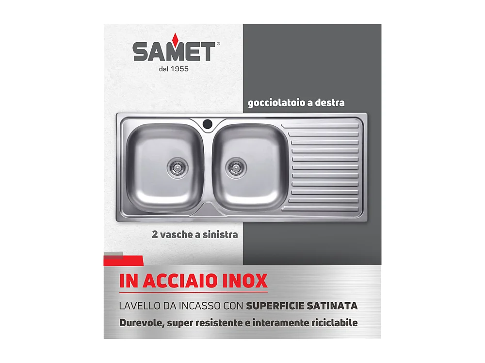 Lavello incasso acciaio inox 116x50 cm doppia vasca e gocciolatoio destro SA138