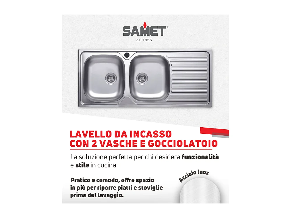 Lavello incasso acciaio inox 116x50 cm doppia vasca e gocciolatoio destro SA138