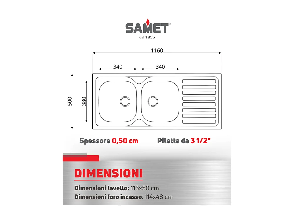 Lavello incasso acciaio inox 116x50 cm doppia vasca e gocciolatoio destro SA138