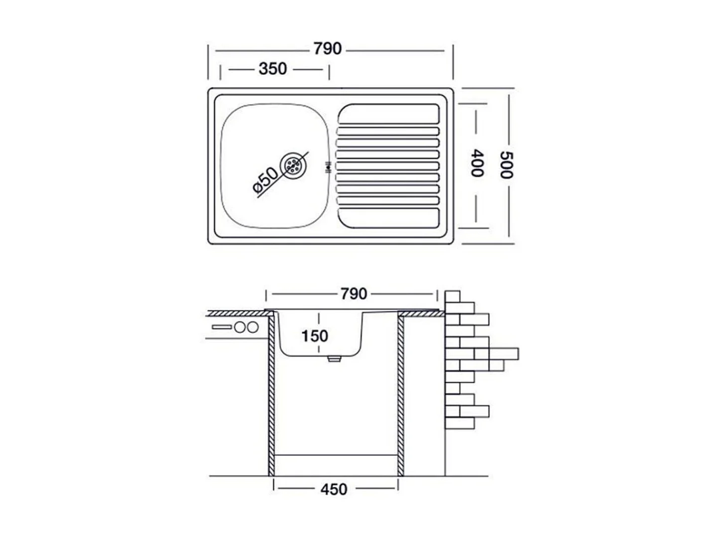 Lavello incasso cucina acciaio 79x50 cm una vasca e gocciolatoio destro Classic 273DX