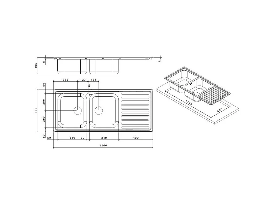 Lavello cucina acciaio 116x50 cm doppia vasca e gocciolatoio destro SAXT333A