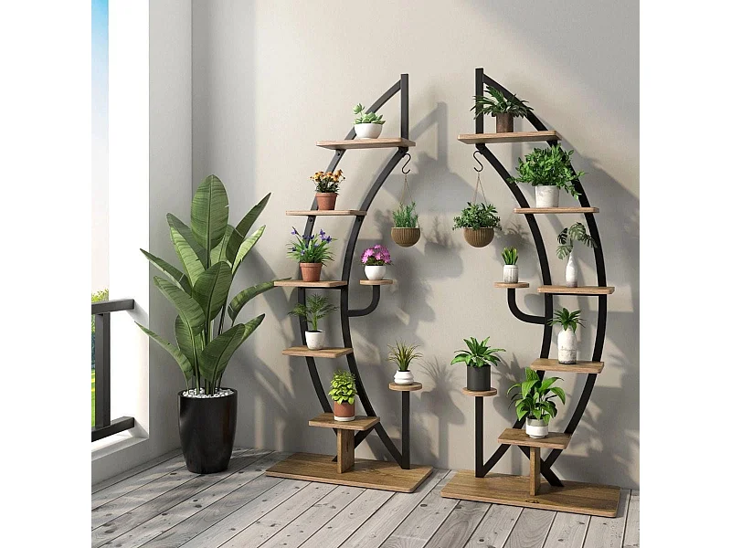 Lot de 2 Étagères à Fleurs en Métal à 7 Niveaux Portes Plantes en Forme de Demi-lune avec Dispositif Anti-renversement 60 x 30 x 155 CM