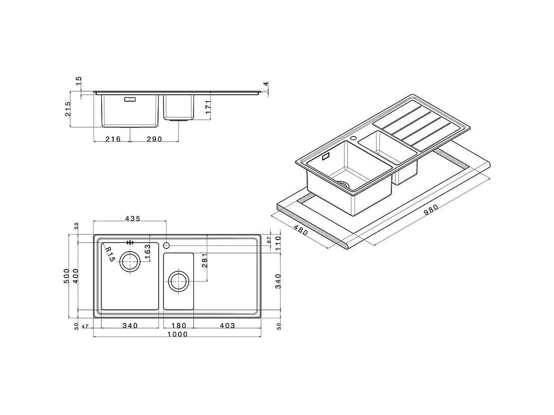 Samet Lavello cucina SAXT332 2 vasche e gocciolatoio destro 100x50 cm
