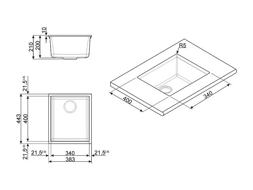 Lavello incasso monovasca sottotop 38x44 Smeg VZUM40AV2 avena