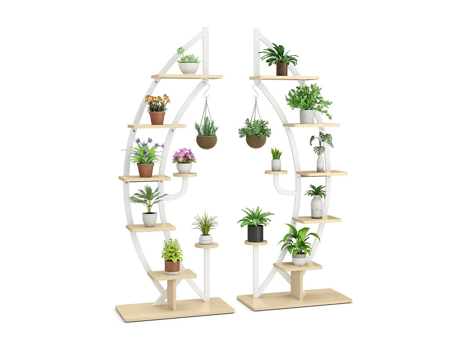 Set di 2 scaffali per piante in metallo a 7 livelli, Scaffali a forma di mezza luna curva con gancio superiore Bianco