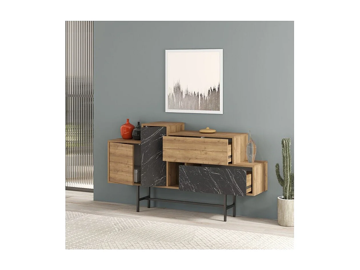 Madia legno naturale con ante e cassetti effetto marmo nero Hermes 160