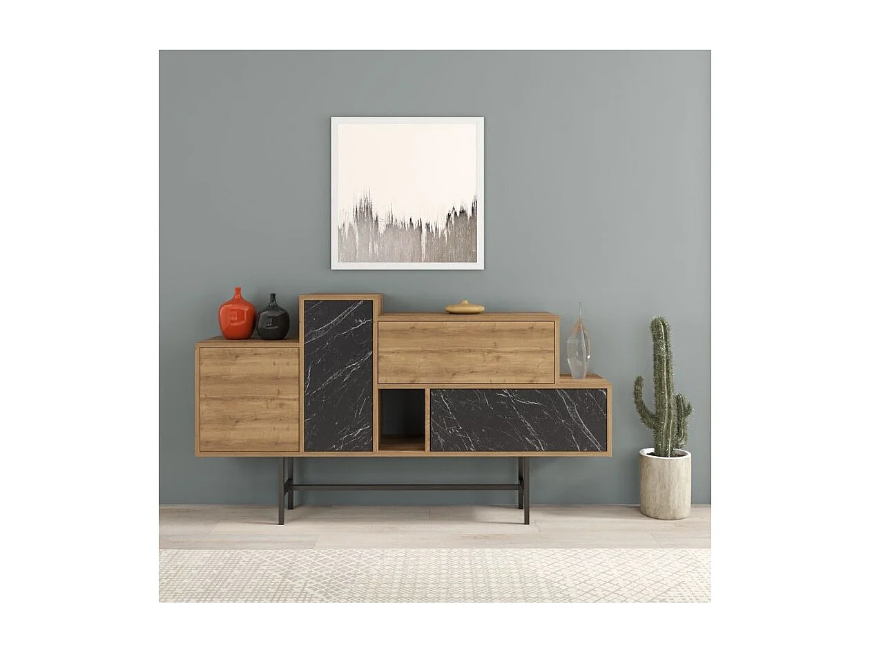 Madia legno naturale con ante e cassetti effetto marmo nero Hermes 160