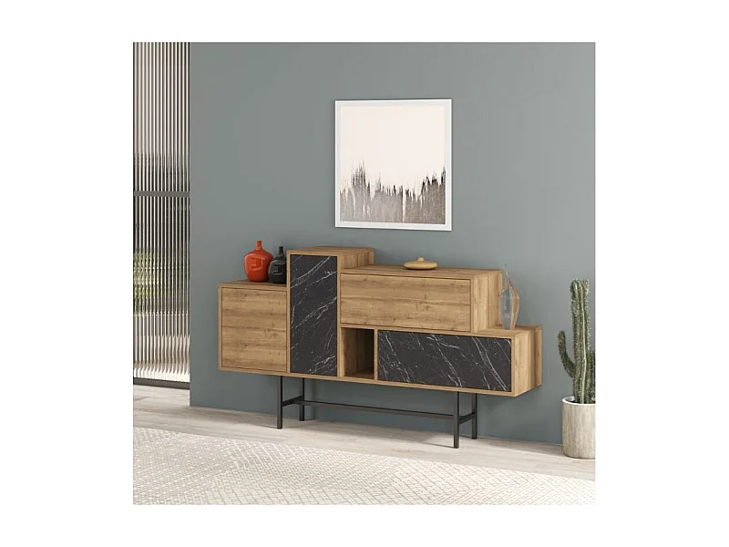 Madia legno naturale con ante e cassetti effetto marmo nero Hermes 160