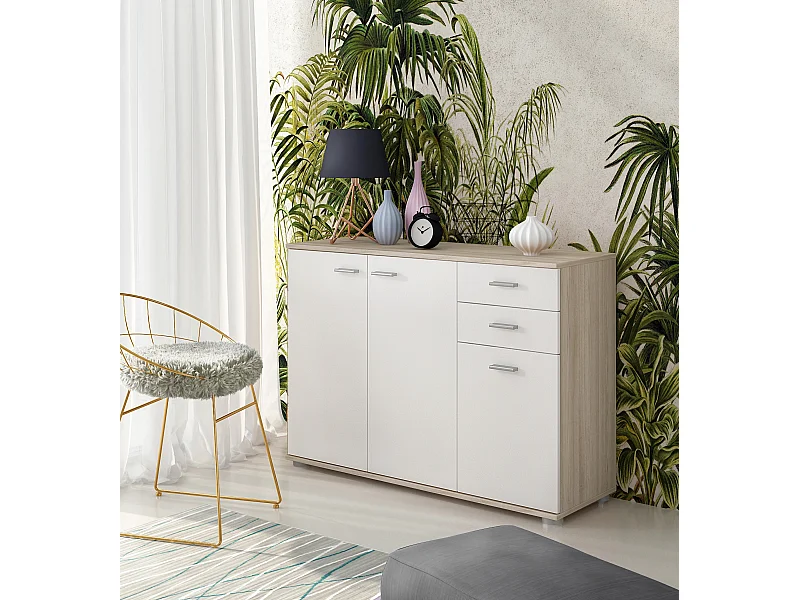 Credenza 3 Ante E 2 Cassetti, Credenza Soggiorno Cucina, Madia Moderna Multi Spazio, Mobile Credenza in Legno, Itaca 103 X 70 x 35 Cm , Colore Bianco e Rovere