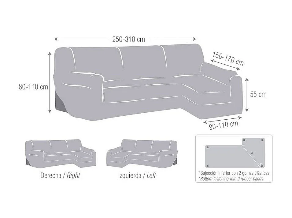 Copridivano penisola sinistra grigio Troya elastico 250-310 bracciolo lungo