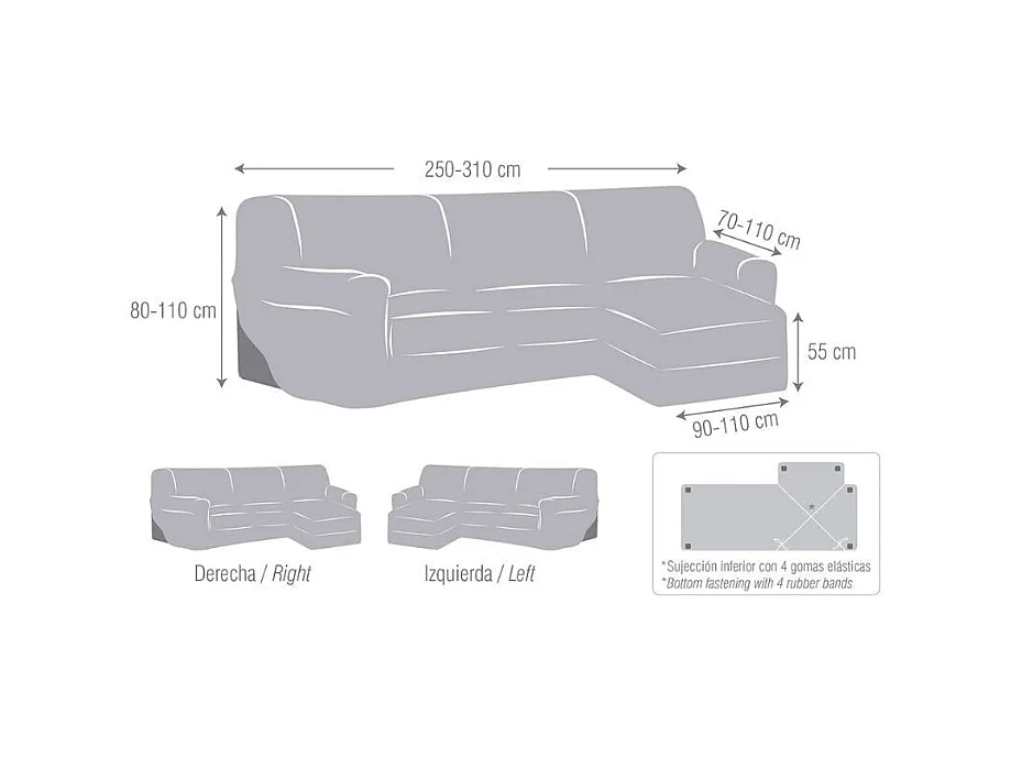 Copridivano penisola destra grigio Troya elastico 250-310 bracciolo corto