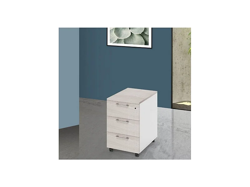 Cassettiera da ufficio 3 cassetti olmo e bianco frassinato Ibisco con ruote e serratura 40x55x58H