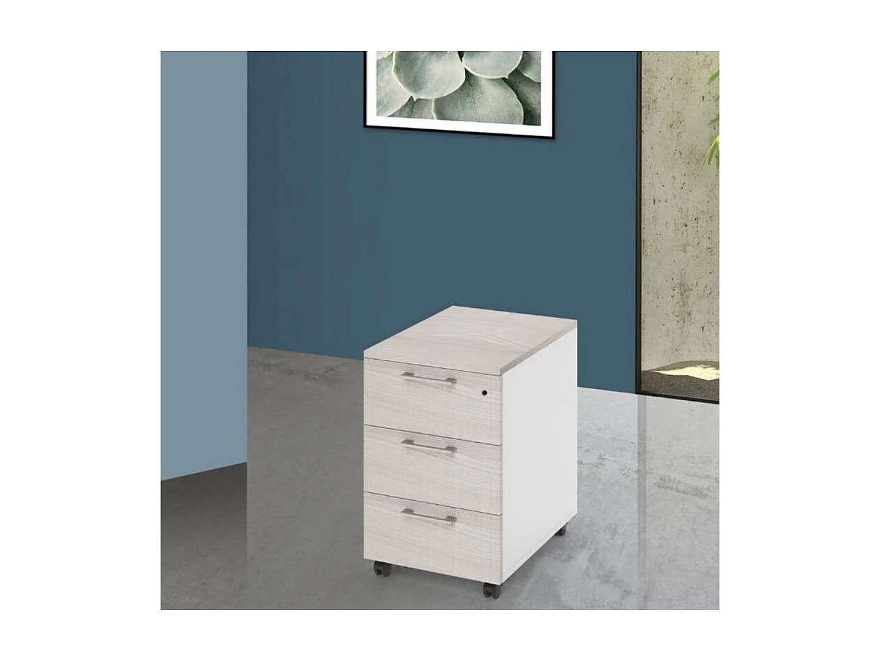 Cassettiera da ufficio 3 cassetti olmo e bianco frassinato Ibisco con ruote e serratura 40x55x58H