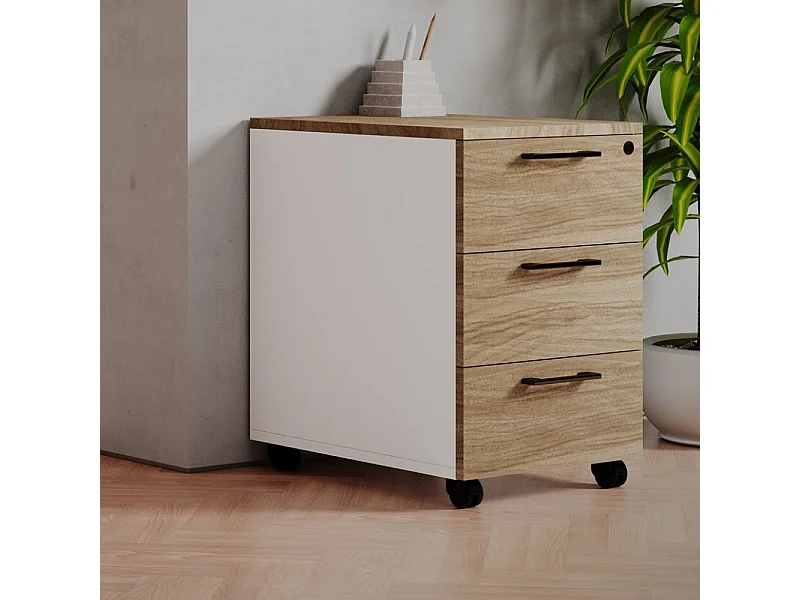 Cassettiera da ufficio 3 cassetti noce naturale e bianco frassinato Ibisco con ruote e serratura 40x55x58H