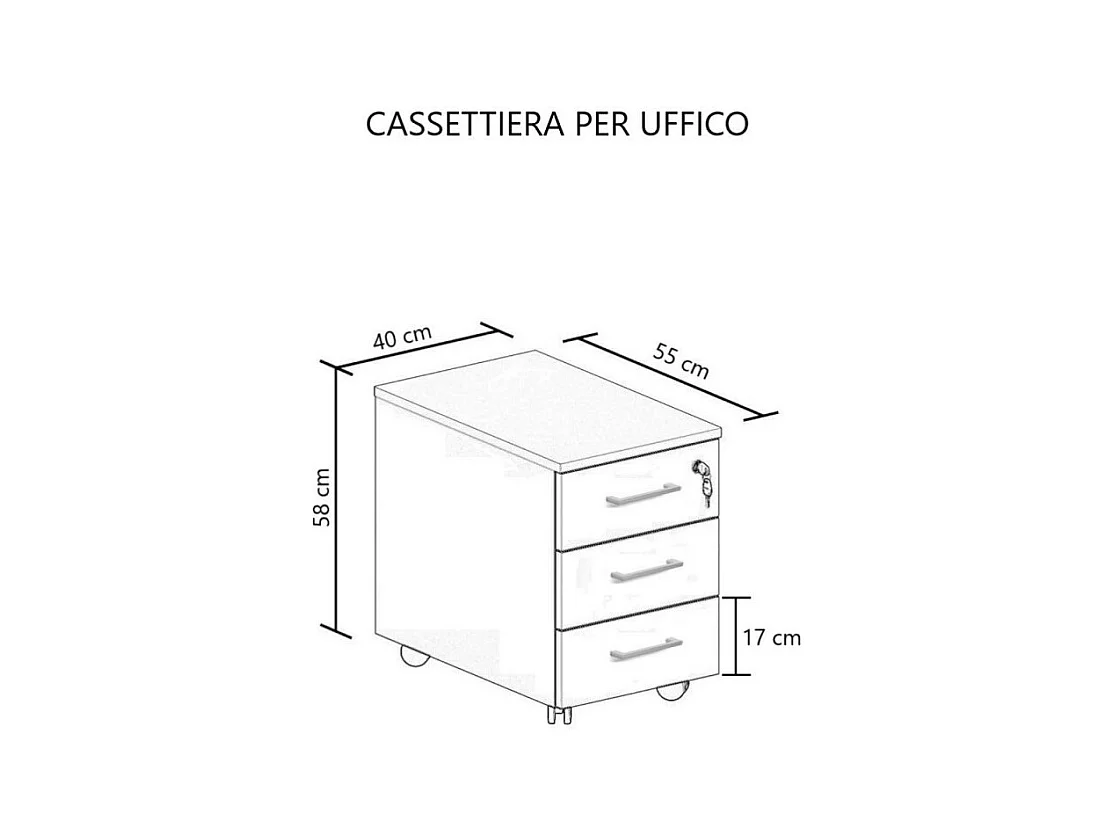 Cassettiera da ufficio 3 cassetti noce naturale e bianco frassinato Ibisco con ruote e serratura 40x55x58H