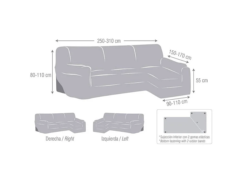 Copridivano penisola destra grigio Troya elastico 250-310 bracciolo lungo