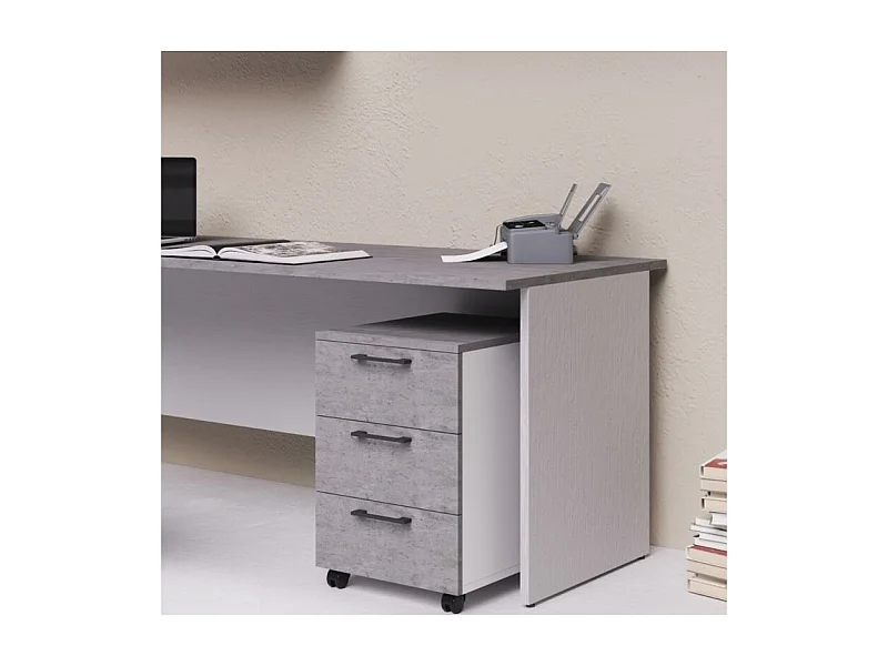 Cassettiera da ufficio 3 cassetti cemento e bianco frassinato Ibisco con ruote e serratura 40x55x58H