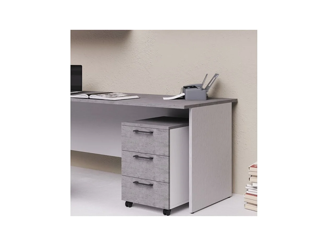 Cassettiera da ufficio 3 cassetti cemento e bianco frassinato Ibisco con ruote e serratura 40x55x58H