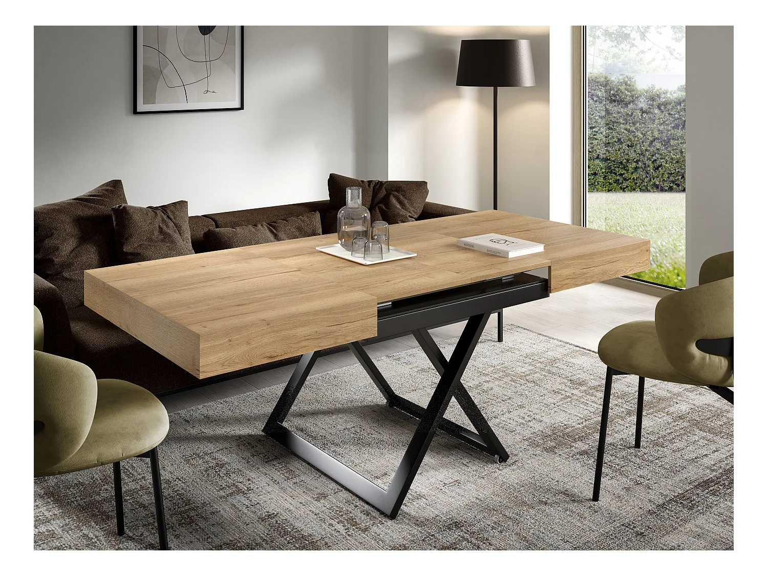 Table de salle à manger et table basse luxueuse et moderne, en chêne Halifax avec pieds en métal noir et finition de haute qualité ELANO