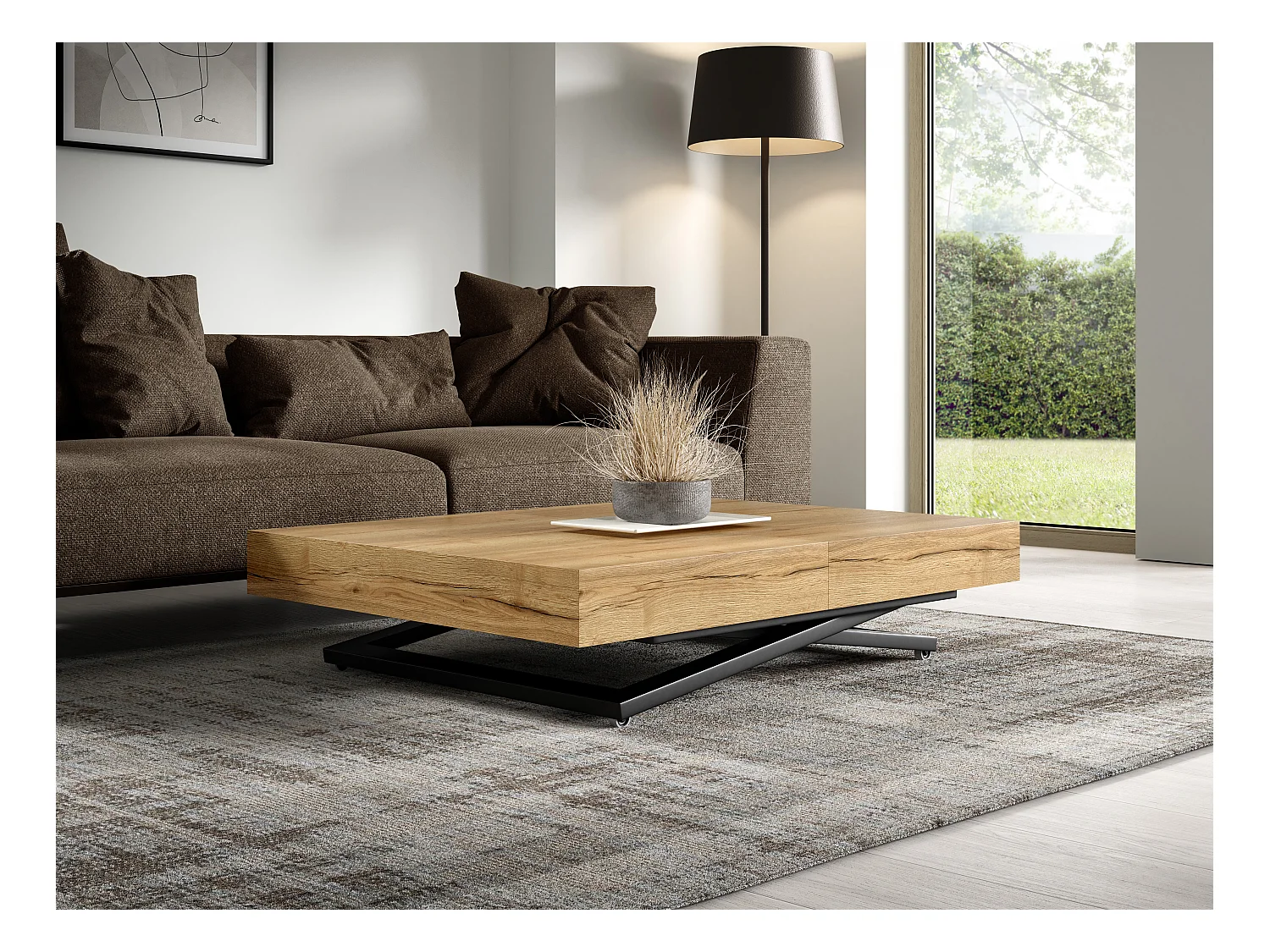 Table de salle à manger et table basse luxueuse et moderne, en chêne Halifax avec pieds en métal noir et finition de haute qualité ELANO
