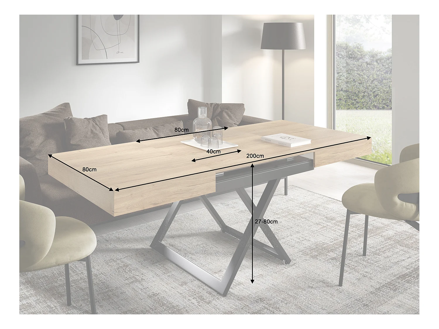 Table de salle à manger et table basse luxueuse et moderne, en chêne Halifax avec pieds en métal noir et finition de haute qualité ELANO