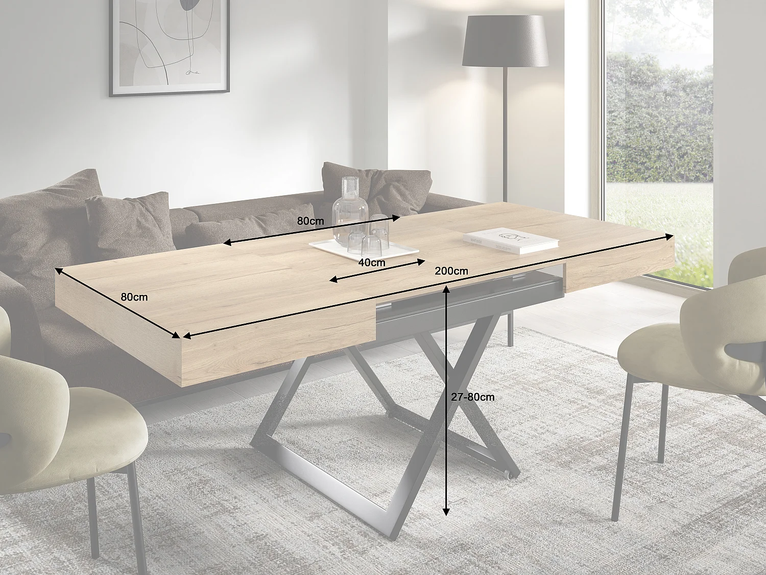 Table de salle à manger et table basse luxueuse et moderne, en chêne Halifax avec pieds en métal noir et finition de haute qualité ELANO