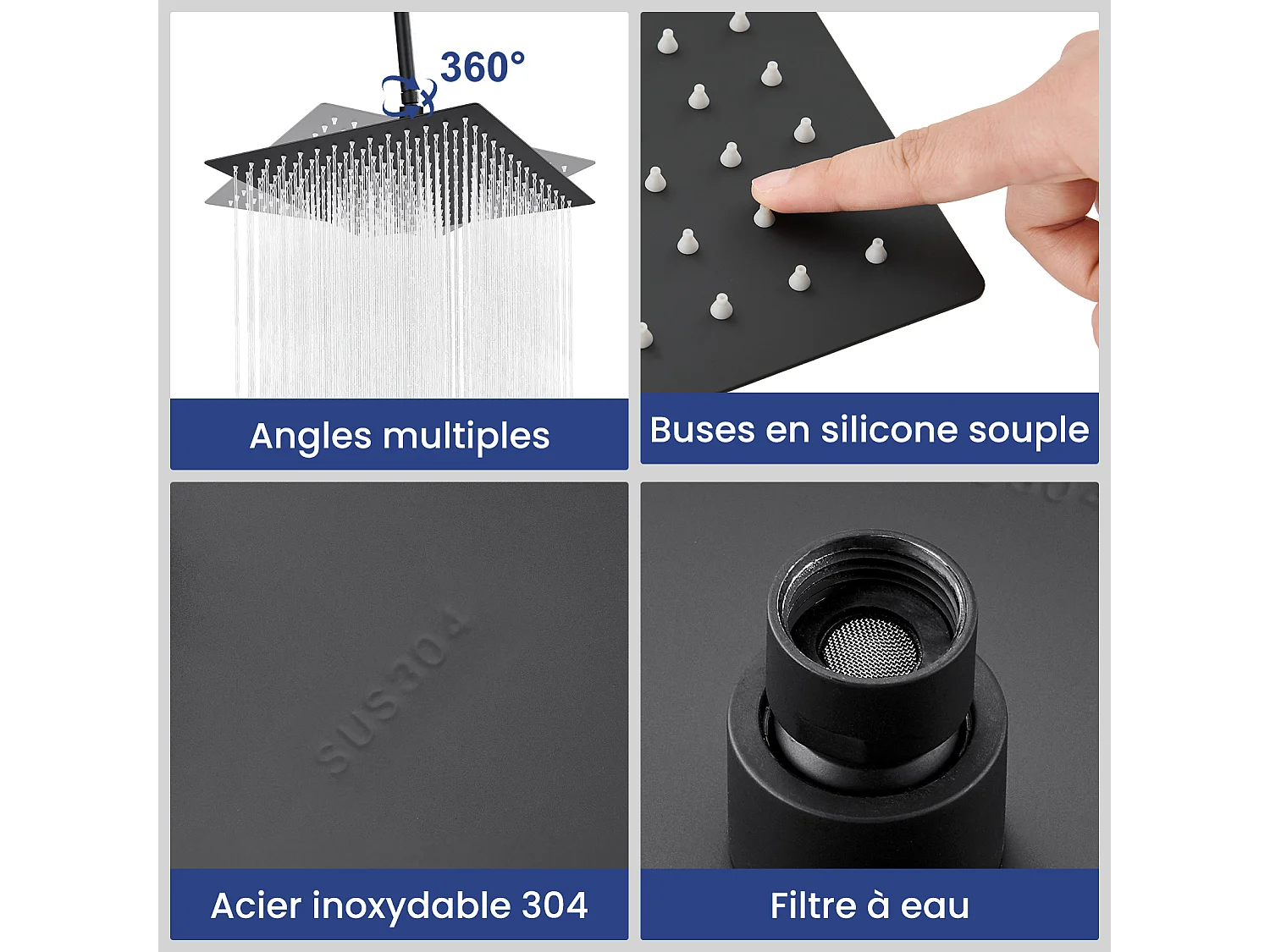 Kit de douche Pommeau de douche Douche de tête Carrée 20cm