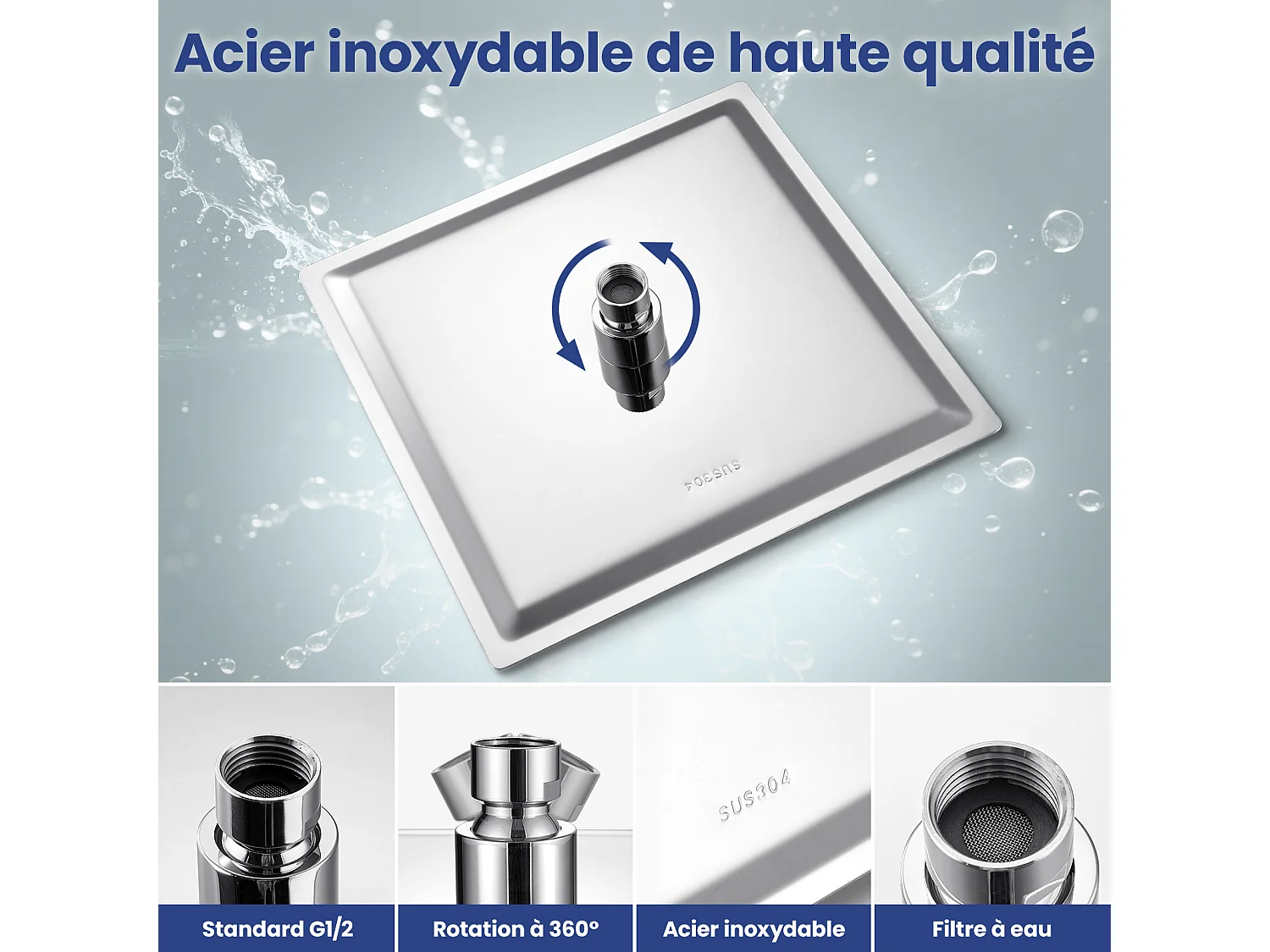 Kit de douche Pommeau de douche Douche de tête Carrée 30cm