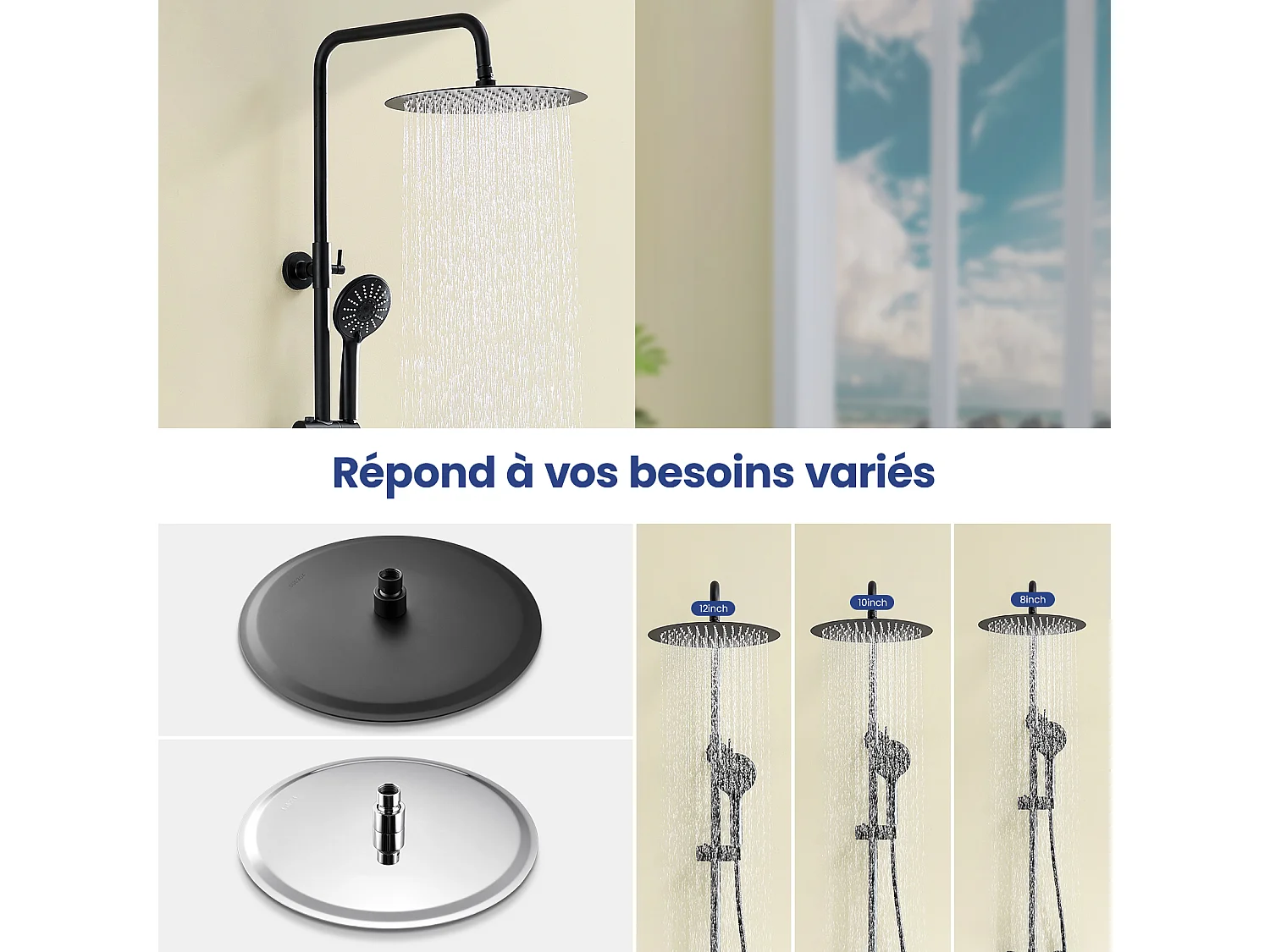 Kit de douche Pommeau de douche Douche de tête Rond 20cm