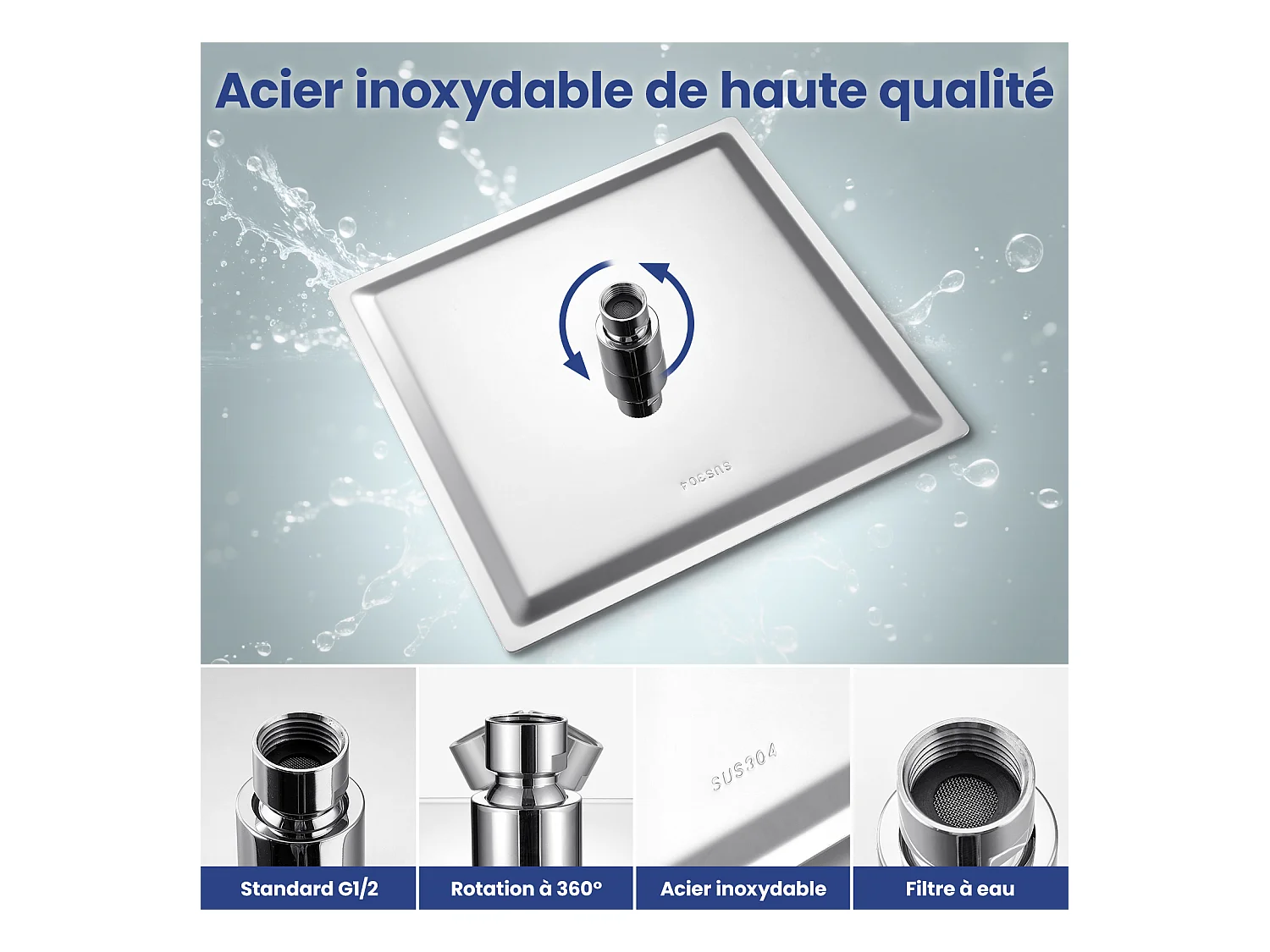 Kit de douche Pommeau de douche Douche de tête Carrée 25cm