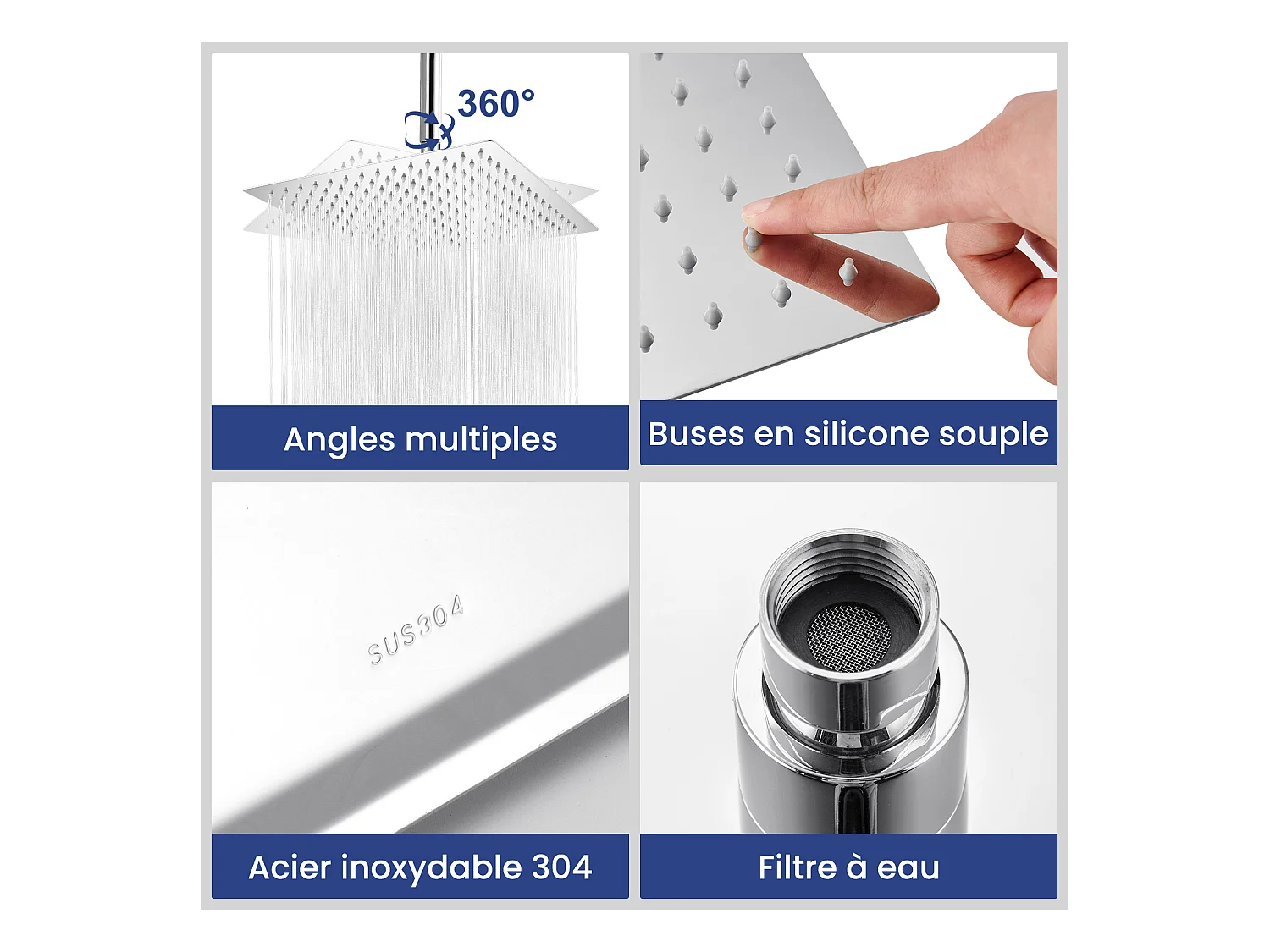 Kit de douche Pommeau de douche Douche de tête Carrée 25cm