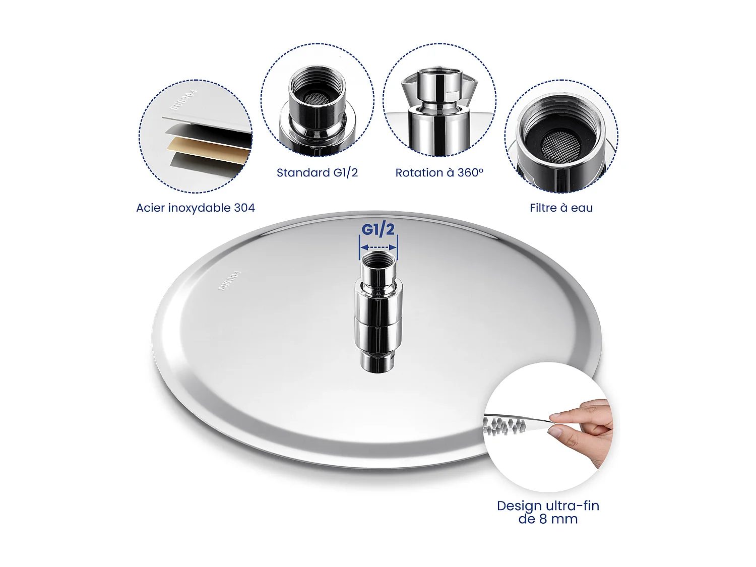 Kit de douche Pommeau de douche Douche de tête Rond 25cm