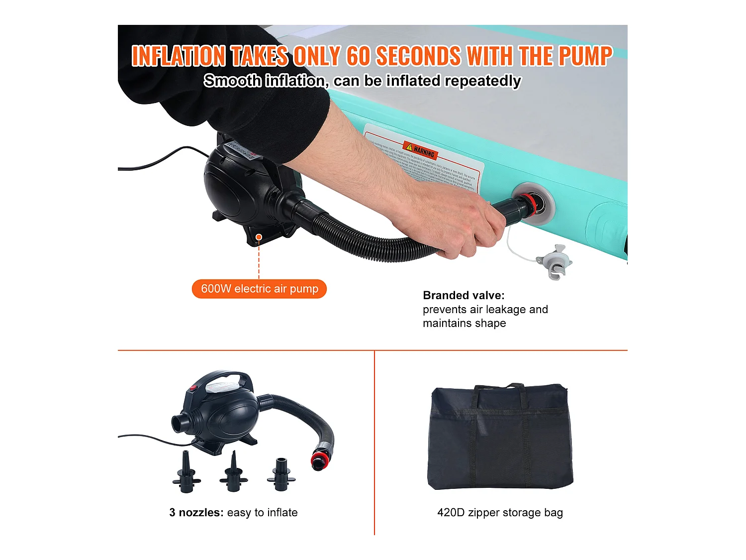 Tapis de Gymnastique, SucceBuy Tapis de Gymnastique Gonflable 300 cm avec Pompe pour l'Entraînement