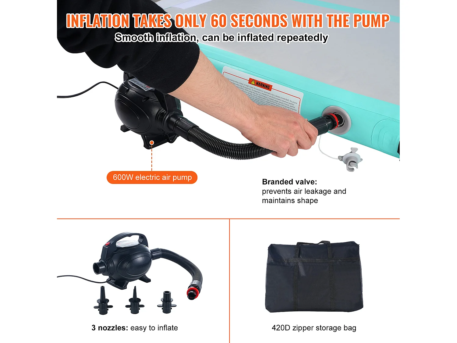 Tapis de Gymnastique, SucceBuy Tapis de Gymnastique Gonflable 300 cm avec Pompe pour l'Entraînement