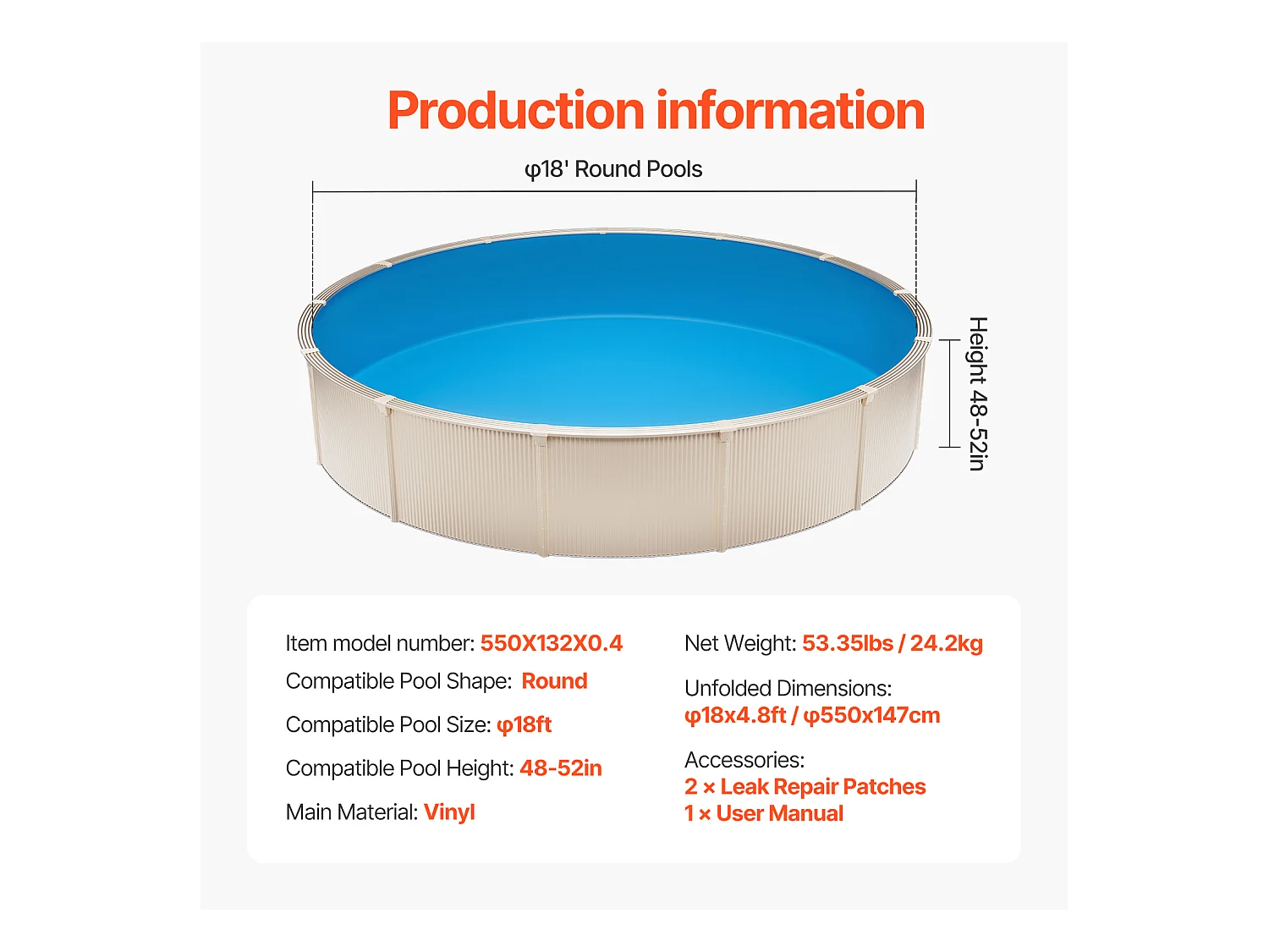 Revêtement de Piscine SucceBuy Ronde, Revêtement en Vinyle à Chevauchement, 550x147 cm