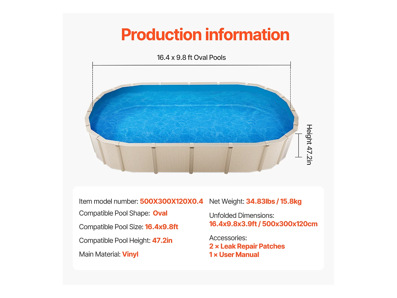 Revêtement de Piscine SucceBuy Ovale, 500x300x120 cm, Revêtement en Vinyle Unibead