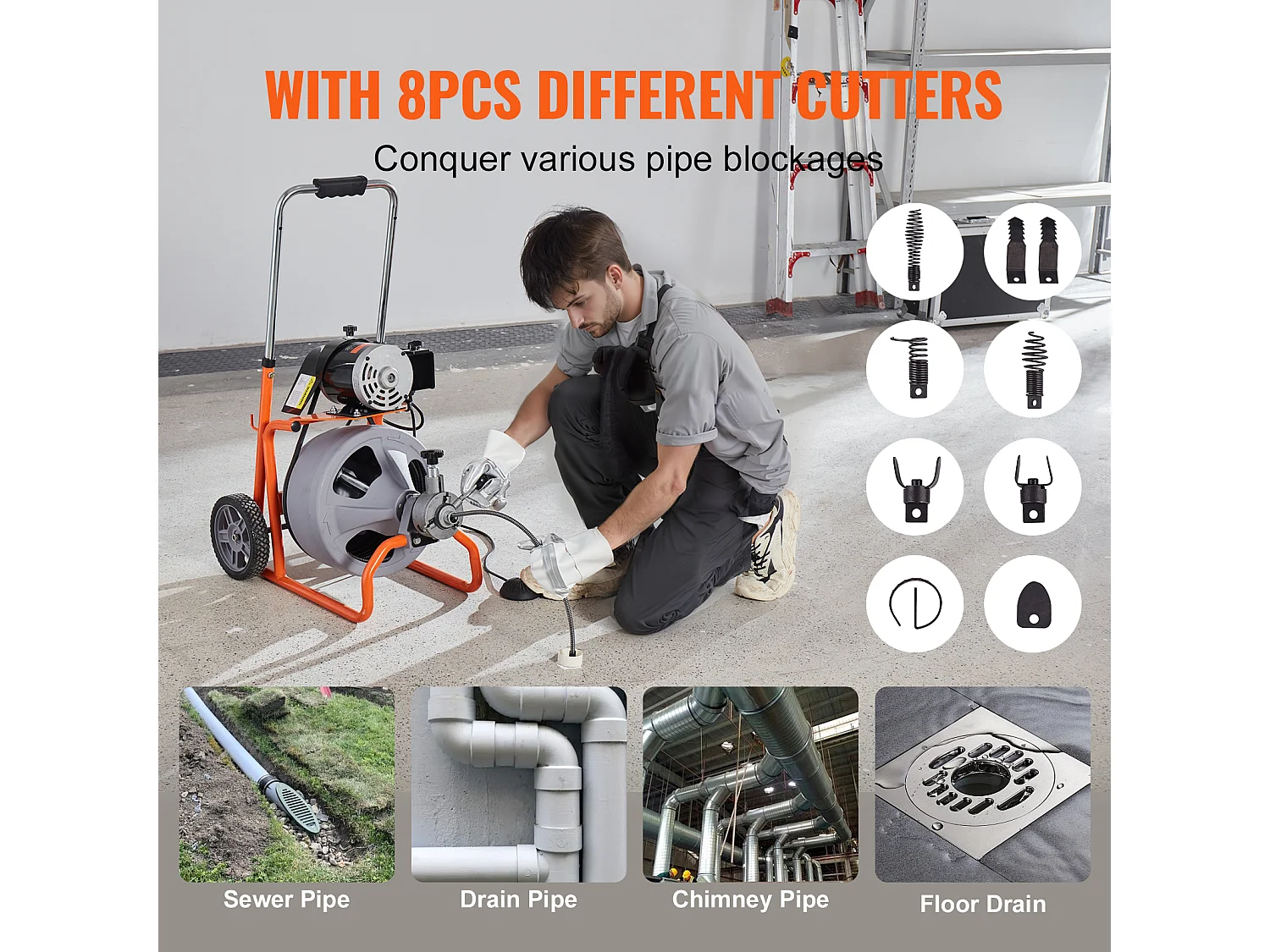 Machine de Nettoyage de Drain, SucceBuy Machine de Nettoyage de Drain 30 m × 0.95 cm à Alimentation Automatique avec Roues et 8 Couteaux