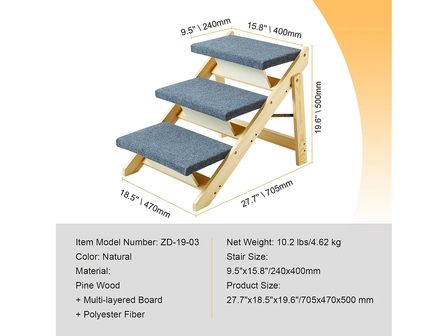 Escaliers pour Chiens, SucceBuy Escalier en Bois pour Animaux de Compagnie 3 Marches 2 en 1 Pliable Capacité de 68 kg